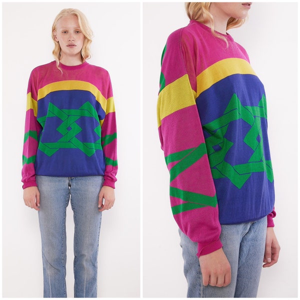 vintage 90's GIANNI VERSACE knit sweater / graphic print / apres ski / cotton / drop sleeve / fuchsia / royal blue / grass green / Italy