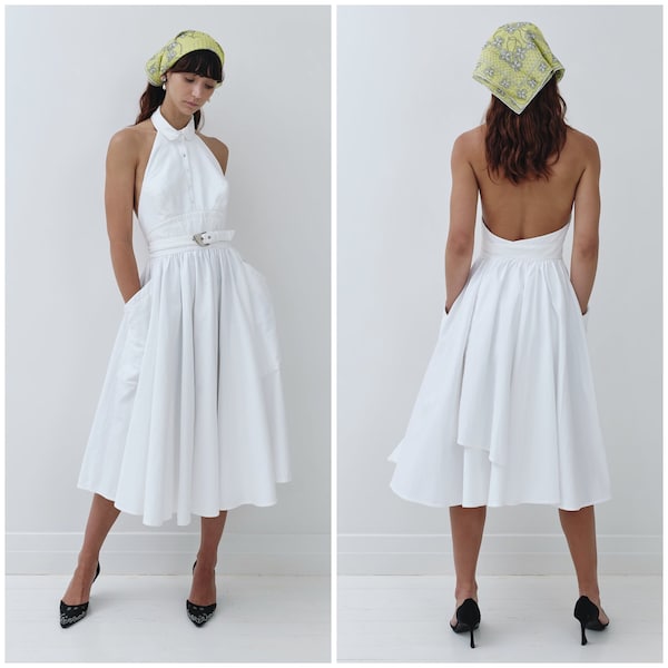 vintage 80's THIERRY MUGLER halter dress / tuxedo neckline / backless / white cotton pique / wrap style / pockets / Made in France