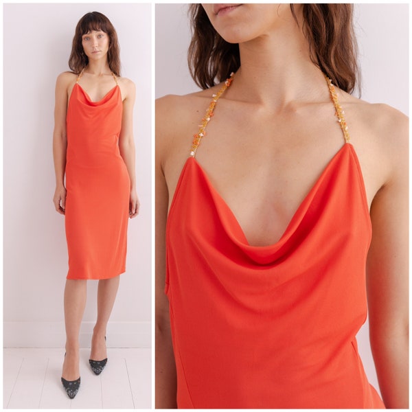 vintage Y2K VALENTINO halter dress / slinky jersey / cowl neck / low back / coral beaded straps / tropical orange / fluted skirt / resort