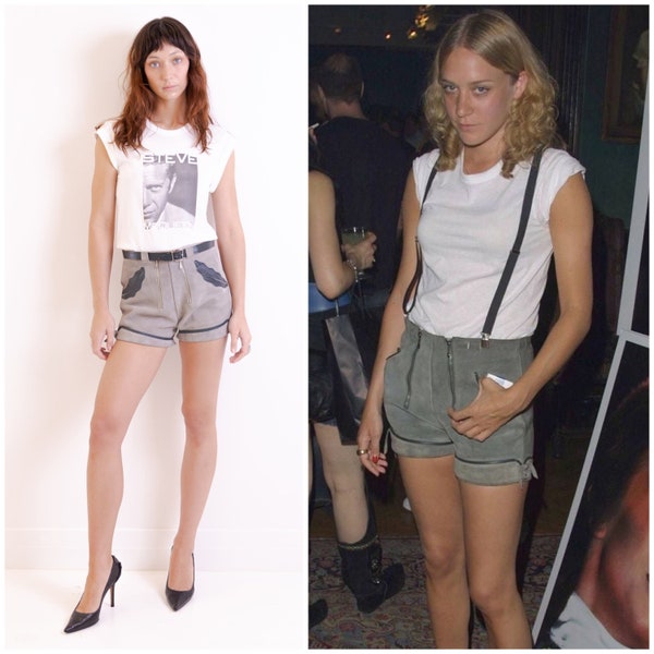 VINTAGE 70's suede Lederhosen shorts / sage green suede / leather trim / high waisted / belt / front zippers / booty shorts / Chloe Sevigny