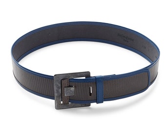 vintage 70's Yves SAINT LAURENT YSL snakeskin belt / metal buckle / leather edging  / dove grey & slate blue