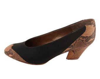 deadstock 80's CHARLES JOURDAN pumps / satin & snakeskin / sculptural wooden heels / 37.5 / original box / Made in France