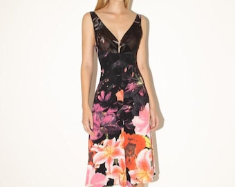 vintage S/S 2003 ROBERTO CAVALLI runway dress / silk chiffon / floral print / plunge neckline / metallic accents / Italy