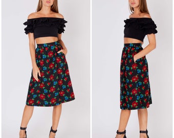 NWT vintage 70's Yves Saint LAURENT YSL flared full skirt / ribbed cotton / embroidered flowers / high waisted / hip pockets /mint condition
