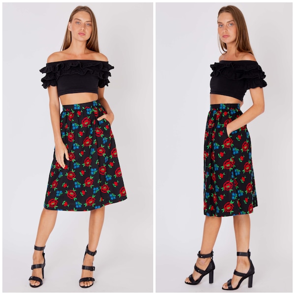 NWT vintage 70's Yves Saint LAURENT YSL flared full skirt / ribbed cotton / embroidered flowers / high waisted / hip pockets /mint condition
