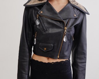 Vintage 90's MOSCHINO Leather Biker Jacket / Emboridered