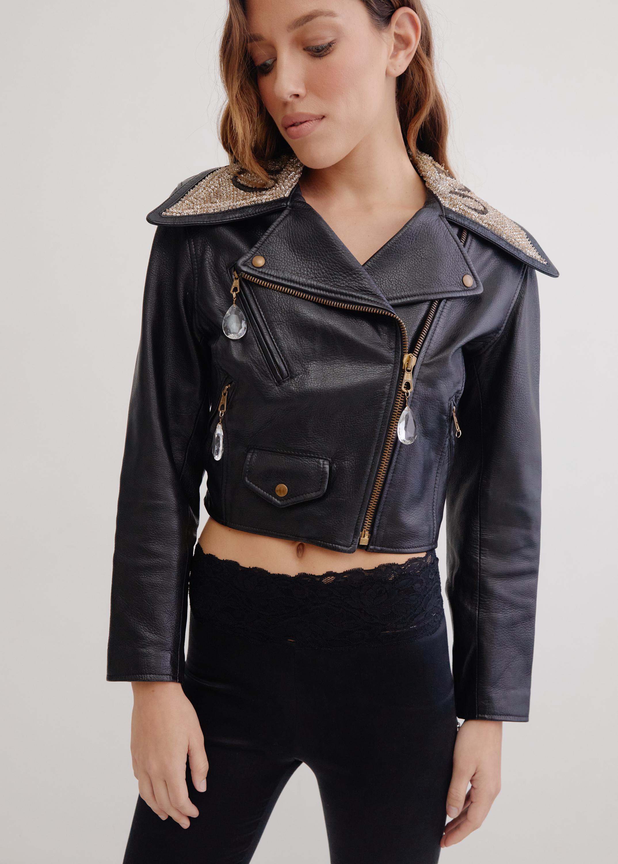 Vintage 90's MOSCHINO Leather Biker Jacket / Emboridered