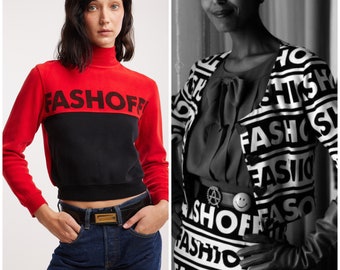 vintage 90's MOSCHINO Fashoff sweater / SS1992 Jeans / turtleneck / cropped / red & black / mockneck / jumper / top / Made in Italy