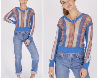 vintage 70's MISSONI jumper sweater pullover / rainbow knit / woven open weave / ribber collar & cuffs