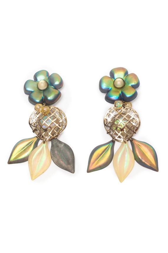 VINTAGE 80's huge flower earrings / iridescent lea