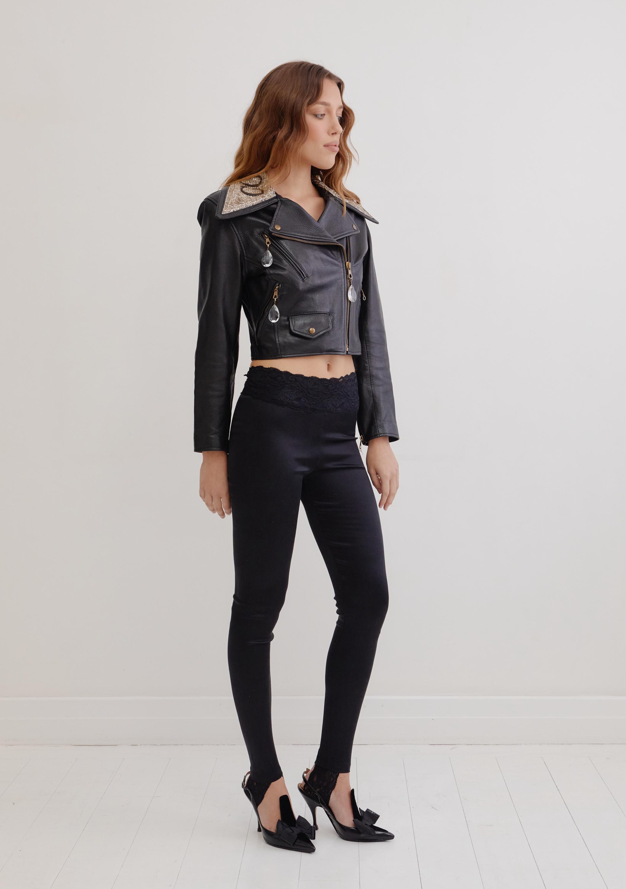 Vintage 90's MOSCHINO Leather Biker Jacket / Emboridered Collar