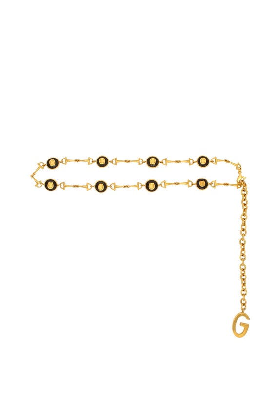 Vintage 70's GUCCI Logo Chain Belt Gold Black Enamel G