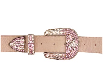 vintage 80's MICHAEL MORRISON belt / pink & clear crystal studded buckle / silver hardware / baby pink leather / Western / bedazzled / USA