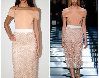 Sukienka na pokaz i kampanię NWT BALENCIAGA Wiosna/Lato 2015 / plisowany, drapowany gorset / rzeźbiarska koronka 3D / Francja