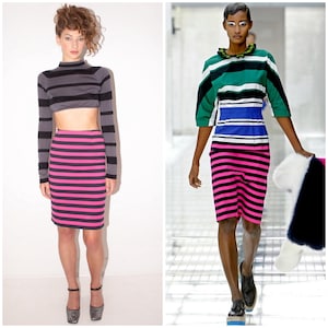 vintage PRADA S/S 2011 runway pencil skirt / pink & black stripe / high waisted / back slit / Made in Italy / Miuccia Prada