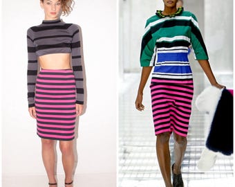 vintage PRADA S/S 2011 runway pencil skirt / pink & black stripe / high waisted / back slit / Made in Italy / Miuccia Prada