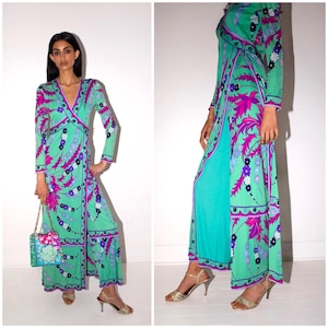 vintage 60&#39;s EMILIO PUCCI silk jersey gown / jumpsuit / neon shades / signed floral print / palazzo pants / couture finishes / Italy