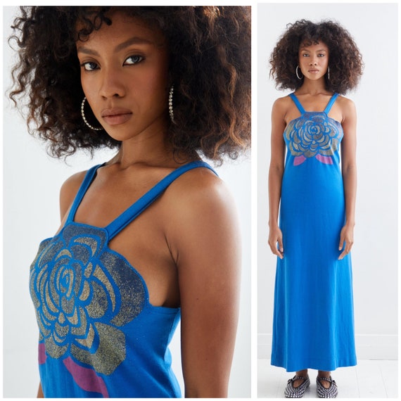 Krizia, vintage 70's KRIZIA maxi dress / glitter bomb flower motif / scalloped neckline / royal blue / Made in Italy
