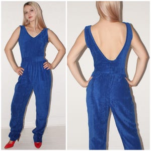 vintage 70&#39;s SANDY SHAW jumpsuit / royal blue terry towelling / scoop back / defined waist / Australia