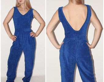 vintage 70's SANDY SHAW jumpsuit / royal blue terry towelling / scoop back / defined waist / Australia