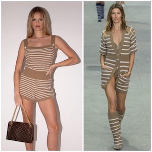 vintage CHANEL cashmere romper / runway / striped knit / beige / cream / enamel logo buttons / Karl Lagerfeld