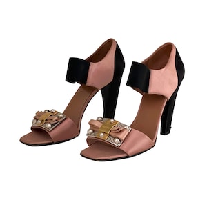 vintage PRADA satin peep toe heels / runway / silver & gold metal logo plaque / curved heel / black elastic straps / baby pink / Italy