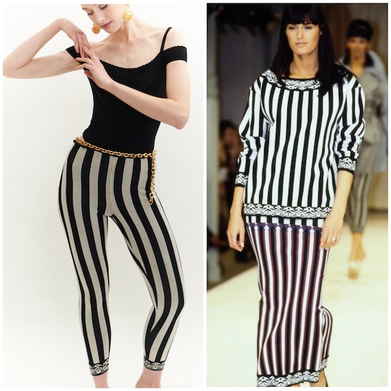 Vintage 90's AZZEDINE ALAIA Striped Leggings / SS 1992 / Runway Piece /  Contrast Hems / Stretch Knit / Fran Fine / Christy Turlington -  UK