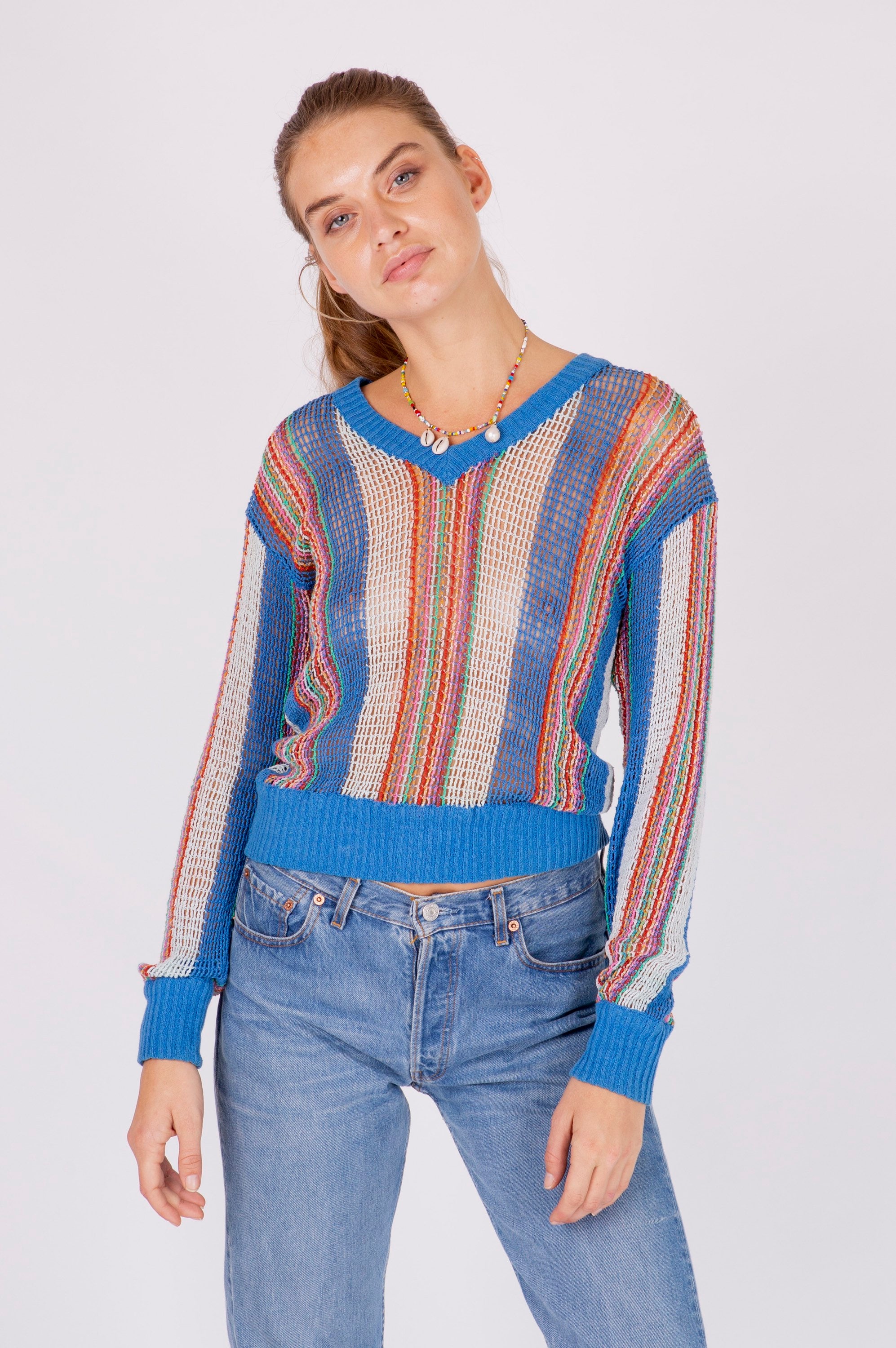 70’s Multicolor Striped Sleeve Ribber Navy Sweater by Geiger