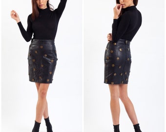 vintage 80's MOSCHINO COUTURE leather skirt / F/W 1988 / metallic bronze medallions / high waisted / copper lining / super sexy runway piece