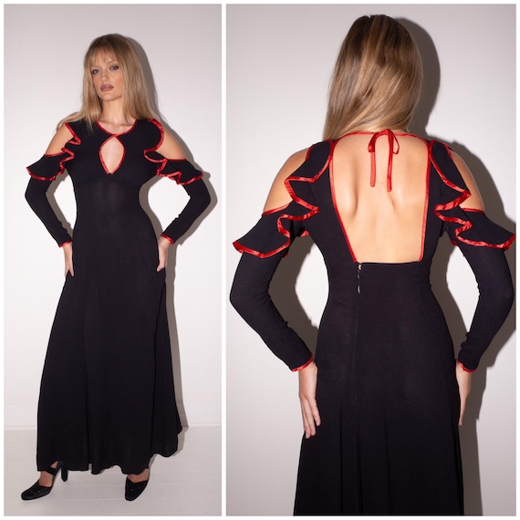 Vintage 70's Ossie Clark Dress / Judy Gown / Backless / Cut-Out Shoulders / Moss Crepe / Satin Trim / Ruffles / Backless