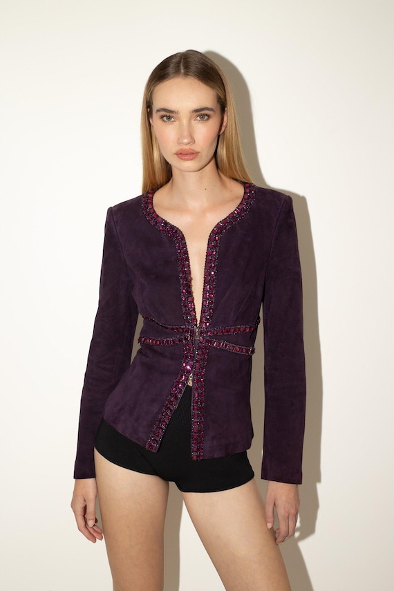vintage 2000's VALENTINO suede jacket / pink crystal embellished / plum violet / double sided zip / Italy