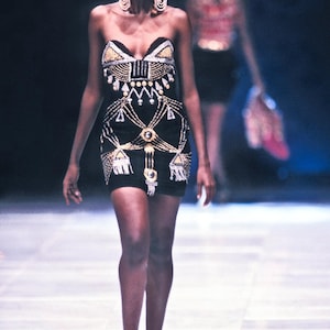 vintage 90's GIANNI VERSACE Couture mini dress / SS 1990 runway / silk embroidered / heavy bronze beaded / boned sweetheart bodice image 7