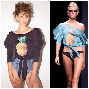 vintage F/S 2001 CHLOE Laufsteg Top / kultiges Ananas Print / gepuffte Schulter / Frontkrawatte / Stella McCartney / Made in France
