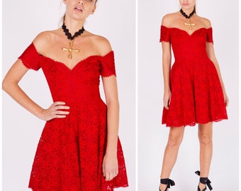 Vintage 80s VICKY TIEL cocktail dress in red lace with off shoulder sleeve SALE was 1000