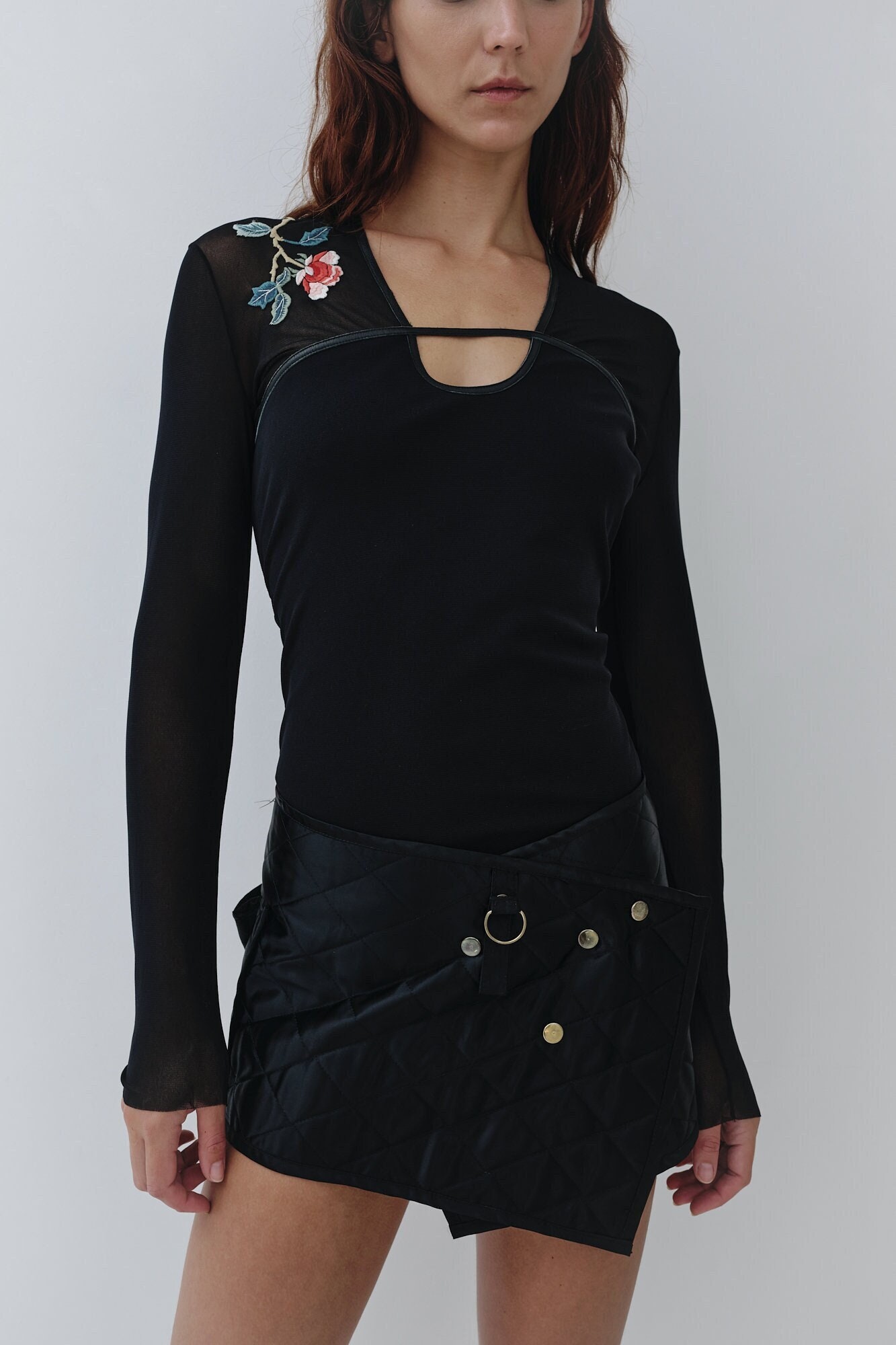 vintage 80's SONIA RYKIEL PARIS skirt / micro mini / quilted satin / wrap style / utility hardware / rear pockets / Made in France