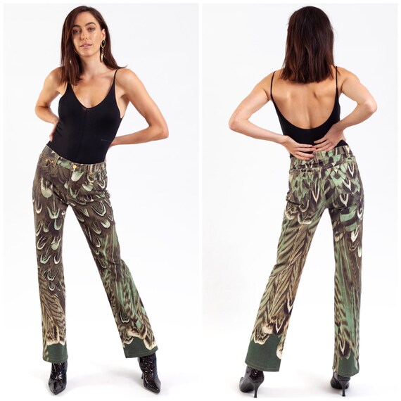 vintage ROBERTO CAVALLI mainline jeans / photo realistic feather print / high waisted / stretch slim fit / boot cut / Y2K / shades of green