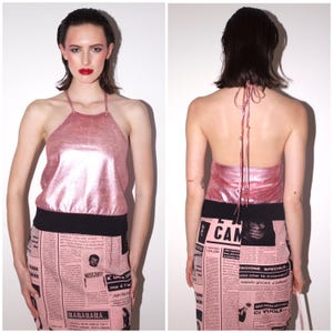 vintage Y2K MIU MIU halter top / SS 2000 / metallic pink leather / low back / ribbed waistband / rare early piece / Made in Italy