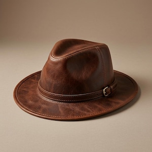 Könnte beinhalten: Ein brauner Leder-Fedora-Hut mit strukturierter Oberfläche, eingedrückter Krone und breiter Krempe. Ein passendes braunes Lederband umschließt die Basis der Krone und ist mit einer kleinen, rechteckigen messingfarbenen Metallschnalle befestigt.