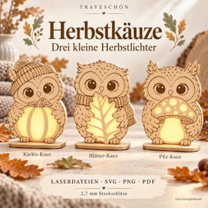 Könnte beinhalten: Drei hölzerne Eulen-Lampen mit Laserschnitt-Motiven. Eine Eule trägt eine Mütze und hält einen Kürbis, eine hält ein Blatt und eine einen Pilz. Text: TRAVESCHÖN Herbstkäuze Drei kleine Herbstlichter, Kürbis-Kauz, Blätter-Kauz, Pilz-Kauz, LASERDATEIEN SVG PNG PDF 2,7 mm Steckschlitze.
