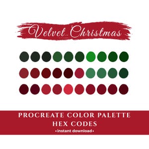 Op de afbeelding: Een digitaal kleurenpalet getiteld Velvet Christmas met drie rijen cirkelvormige kleurstalen in verschillende tinten rood, groen en donkere tinten. De tekst Procreate Color Palette Hex Codes staat onderaan op een rode banner.