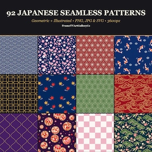 May include: A digital collection titled 92 JAPANESE SEAMLESS PATTERNS, Geometric + Illustrated, PNG, JPG & SVG, 3600px, FrameTVArtGalleryCo. The image displays twelve distinct square tiles featuring traditional motifs like koi, cherry blossoms, and geometric shapes.