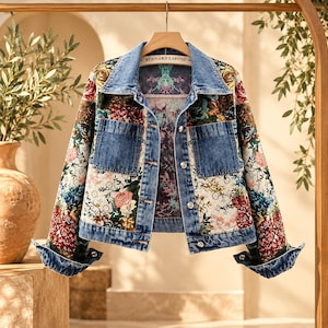 May include: A denim jacket featuring a vibrant floral pattern with red, blue, and green flowers on a cream background. The jacket includes blue denim panels on the chest pockets, collar, and cuffs, with a button-up front and a Bernard Lafond label.