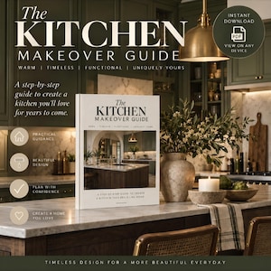 Op de afbeelding: Een digitale gids getiteld The Kitchen Makeover Guide, met een witte omslag en een foto van een keukeninterieur. De tekst bevat de ondertitel A step-by-step guide to create a kitchen that feels like home, vergezeld van diverse iconen.