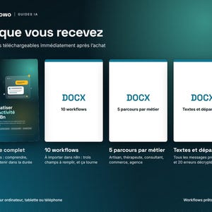 May include: A digital product bundle featuring a guide titled Automatiser votre activit&eacute; avec n8n, alongside three DOCX files labeled 10 workflows, 5 parcours par m&eacute;tier, and Textes et d&eacute;pannage, presented on a dark teal background with white text.