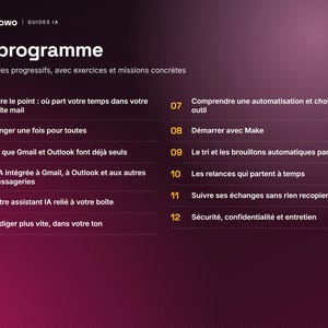 May include: A dark purple digital graphic titled Le programme by Flowo, listing 12 progressive modules for email management. The text outlines topics including AI integration, automation with Make, email sorting, and security practices in French.