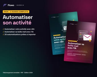 May include: A digital product pack featuring two guides titled Automatiser votre activité avec n8n and Automatiser sa boîte mail avec l'IA. The design uses a dark gradient background with white and pink text, including icons of an email and stars.
