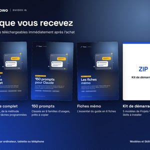 Pu&ograve; includere: Un pacchetto di prodotti digitali con quattro file scaricabili: Claude le guide complet, 150 prompts pour Claude, Les fiches m&eacute;mo e un Kit de d&eacute;marrage in formato ZIP. L'immagine mostra testo in francese che descrive i contenuti e i file.