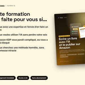 May include: A digital course advertisement titled Flowo Guides IA featuring a dark brown rectangular graphic with the text &Eacute;crire un livre avec l'IA et le publier sur Amazon, alongside a list of four bullet points with checkmarks.