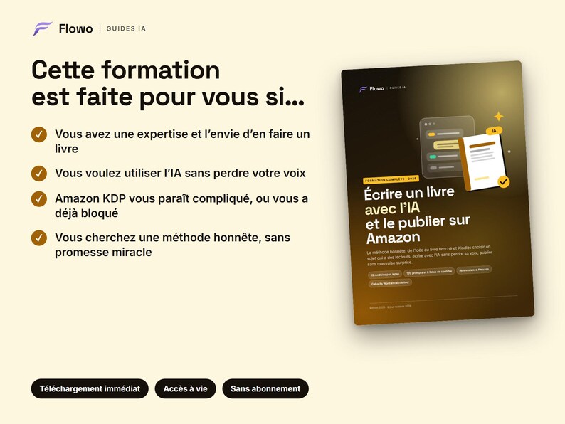 May include: A digital course advertisement titled Flowo Guides IA featuring a dark brown rectangular graphic with the text &Eacute;crire un livre avec l'IA et le publier sur Amazon, alongside a list of four bullet points with checkmarks.