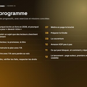 May include: A dark gradient informational graphic titled Le programme with the subtitle 12 modules progressifs, avec exercices et missions concr&egrave;tes. It lists twelve numbered educational modules in French regarding book writing and publishing.